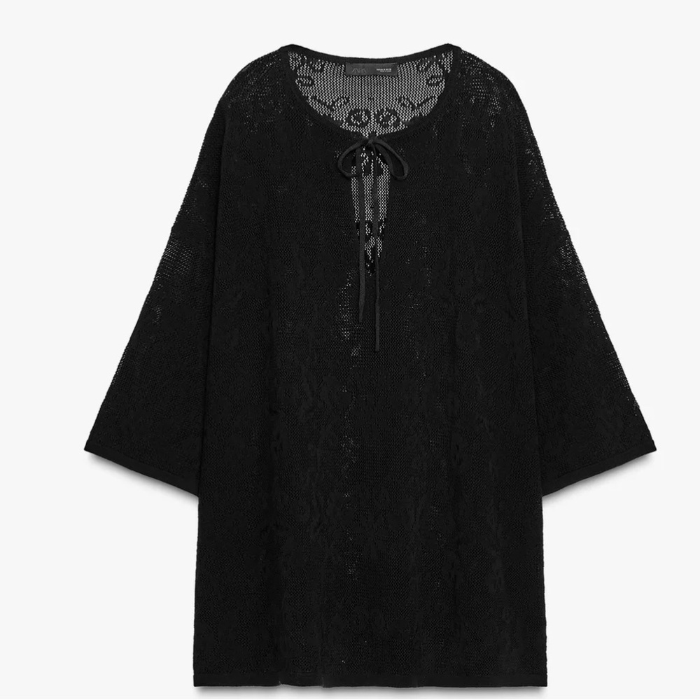 Zara NWT black oversized textured knit tunic top floral embroidery - coverup - Picture 6 of 10